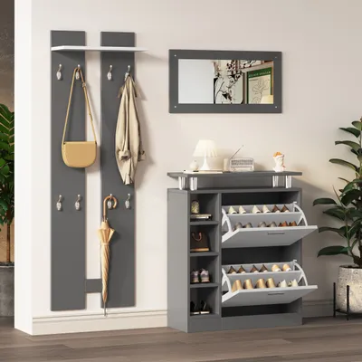 Produktbild von Abrihome Garderoben-Set, Schuhschrank 80 x 25 x 96.5 cm, inkl. Spiegel, 2 Wandpaneelen und einer Regalwand, Flurgarderobe, Grau