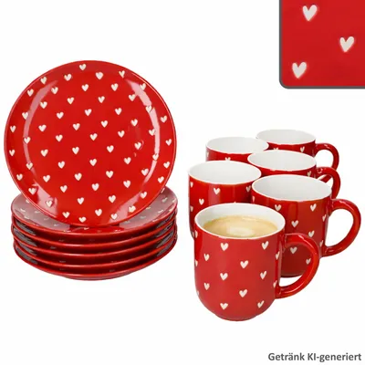 Produktbild von Love 12tlg Frühstücksset Porzellan Kuchenteller Becher rot Herzen