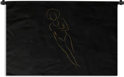 Produktbild von MuchoWow® Wandteppich Wandbehang Frau - Gold - Schwarz - Strichzeichnung 120x80 cm Tapisserie Dekoration Wandtuch - Wanddekorationen - Wandtücher