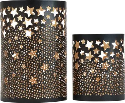 Produktbild von Schwarze Goldene Kerzenhalter Sterne Metall Set Deko Weihnachten Teelicht 2er-Set