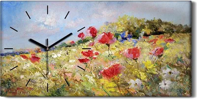 Produktbild von Wanduhr Bürouhr Leinwand Bild 60x30 Gemälde Abstrakte Wiese Blumen Landschaft - schwarze Hände