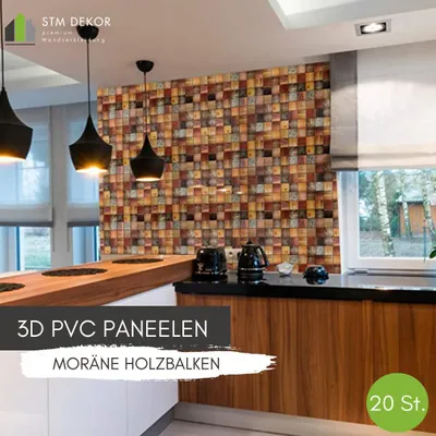 Produktbild von 3D-Wandpaneele PVC | Holzoptik | Moräne Holzbalken - 20 Platten - 10 m² | Für Wohnzimmer, Küche & Bad | Einfache DIY-Montage