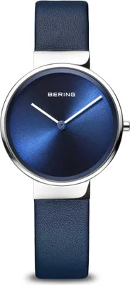 Produktbild von Bering Classic Damen Uhr Silber Glänzend mit Blauem Zifferblatt und Kalbslederarmband, 31mm 14531-607
