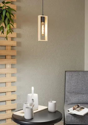 Produktbild von EGLO Pendellampe Littleton, Vintage Pendelleuchte im Industrial Design, Retro Hängelampe aus Stahl und Holz, Farbe: Schwarz, braun, Fassung: E27