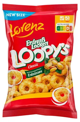 Zdjęcie produktu dla Przekąska kukurydziana Peanut Curls Loopys ze świeżo zmielonymi orzeszkami ziemnymi 130g