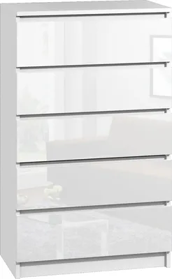 A white, high-gloss chest of drawers with five drawers.