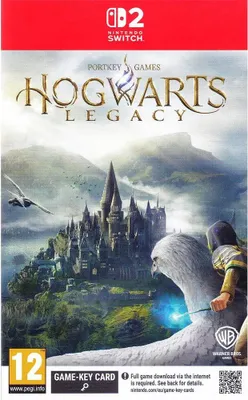 The image shows the cover art for the Nintendo Switch game Hogwarts Legacy, featuring Hogwarts castle and a character riding a mythical creature.