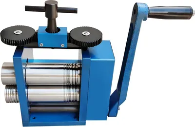 Produktbild von Schmuck Walzmaschine - Manuelles Kombinationswalzwerk - Walzdicke 0,03–6,5 mm - Übersetzung 1:6 - Montagebohrungen - Für Blech & Draht - 30×23×30 cm - Blau