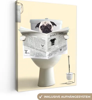 Produktbild von MuchoWow® - Leinwandbilder - Hund - Mops - Toilette - Zeitung - Tier, Wandbild, Wanddeko Bilder Wohnzimmer, 30x40 cm