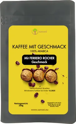Produktbild von Sansei Kaffeebohnen 250g - 100% Arabica aus Brasilien, Aromatisiert mit Ferrero Rocher Geschmack | Ganze Bohnen, Zuckerfrei