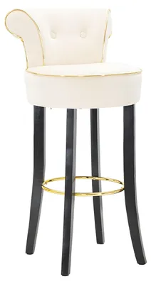 Imagen del producto de Taburete Luxy tapizado en suave tela color crema – 46 x 48 x 96 cm – Respaldo cómodo y reposapiés de metal dorado – Diseño elegante