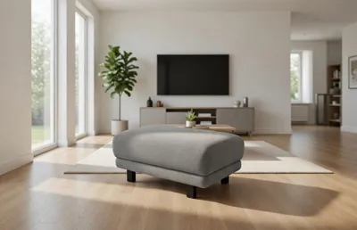 Immagine prodotto di Pouf grigio per il soggiorno, poggiapiedi, rivestito in tessuto, design moderno