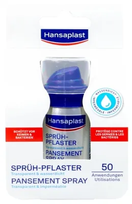 A product shot of Hansaplast spray plaster packaging.