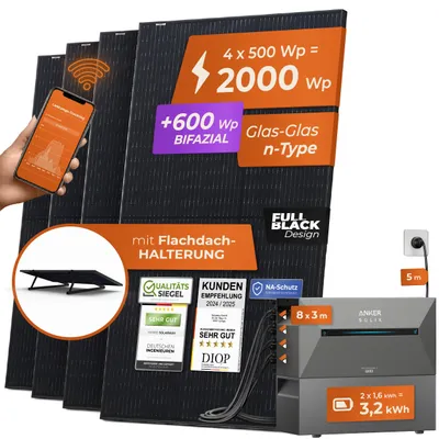 Produktbild von Solarway® All In One Balkonkraftwerk mit Anker Speicher 2000W komplett Steckdose - 3,2 kWh Anker Solix 2 PRO Speicher - Flachdach Halterung