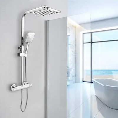 Thermostat-Duschsystem mit Regenbrause, Chrom, eckig