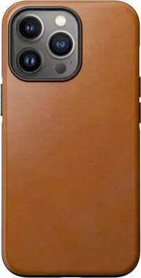 The back of a brown leather phone case with a camera module is shown against a white background.