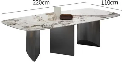 A modern dining table with a unique patterned ceramic top and dark metal legs, shown from a slightly elevated side angle.