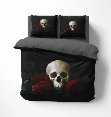 A bedding set with a skull and rose design.