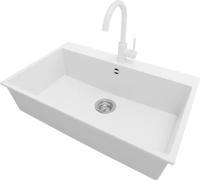 Produktbild von PRIMAGRAN Granitspüle Weiß 78x50cm, Spülbecken 1 Becken + Küchenarmatur 32x20cm + Ablauf-Set, Küchenspüle ab 80er Unterschrank - Riga
