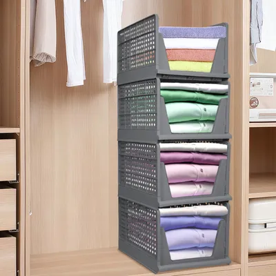 Produktbild von 4er Set Groß Schubladenbox,Stapelbare Kleiderschrank Organizer, Faltbaren Regal Aufbewahrungsbox,Plastik Körbe Lagerkisten für 33.5x43x96cm Grau