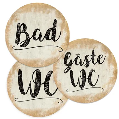 Produktbild von Badezimmer Türschild gold Set „Bad“ + „Gäste WC“ + „WC“ (15,5 cm) mit Klebepads