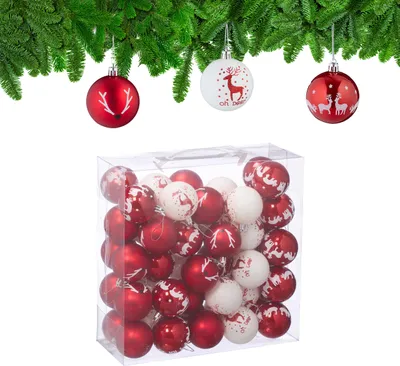 Immagine prodotto di Set da 50 palline natalizie Relaxdays, in plastica, palline per l'albero di Natale con motivi di renne, Ø 6 cm, palline per l'albero di Natale, rosso/bianco