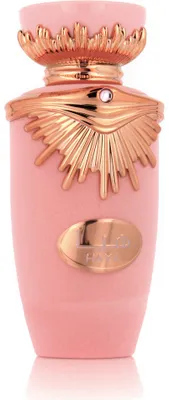 A pink perfume bottle with gold accents and a decorative cap, presented on a white background.