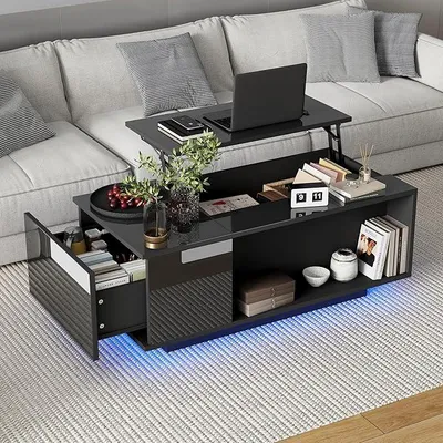 Obrázek produktu pro Konferenční stolek s výškově nastavitelnou deskou, lesklý obývací stolek s LED osvětlením, odkládací stolek k pohovce s zásuvkami, skrytý i otevřený úložný prostor, obdélníkový konferenční stolek, barva: černá