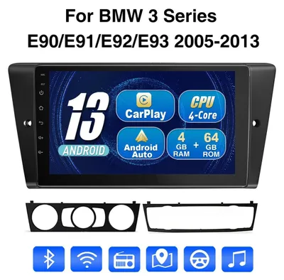 Obrázok produktu pre Autorádio s 9-palcovým dotykovým displejom, systém Android 13, určené pre modely BMW 3 (E90, E91, E92, E93) vyrobené v rokoch 2005-2012, s funkciami Apple CarPlay, Android Auto, GPS navigáciou, Bluetooth, formát 2 DIN, 4 GB RAM a 64 GB úložiska