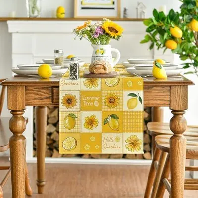 Produktbild von Tischläufer mit Sonnenblumen und Zitronen, kariert, 40x140 cm, für Frühling und Sommer, Dekoration für Küche und Esstisch, geeignet für Urlaub und Partys