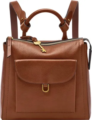 A close-up studio shot of a brown leather backpack.