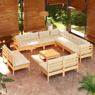 Produktbild von Möbel 12-tlg. Garten-Lounge-Set mit Creme Kissen Massivholz Kiefer - Balkonmöbel 3096869