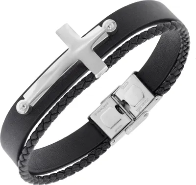 trendor 75875 Herren-Armband Leder Schwarz Stahl Kreuz 1