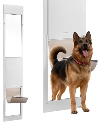 Image de Porte pour chien VEVOR Porte pour animaux domestiques pour porte coulissante en verre, 2311-2439 mm réglable en hauteur, cadre en alliage d'aluminium avec charnières métalliques pivotantes & design de serrure, 346 x 600 mm dimensions du rideau, blanc