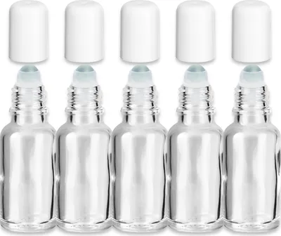 Produktbild von Glasflasche klar 20 ml Roll-On mit weißem Verschluss leer zum Befüllen