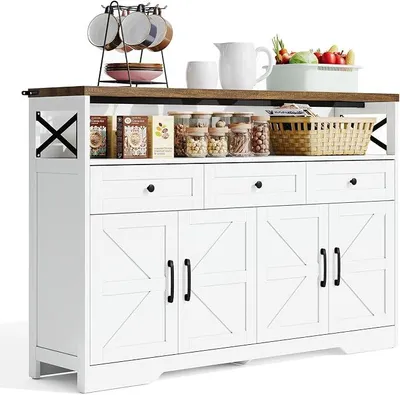 Image de Buffet avec 3 tiroirs, meuble de cuisine avec 4 portes, étagères ouvertes et étagères réglables, idéal pour le salon, la cuisine, la salle à manger ou un bar, dimensions : 140 x 35 x 95 cm (blanc)