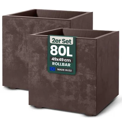 Produktbild von Kreher® 2er Set Pflanzkübel „Millennium“ 49x49x49 cm - Braun - Eckig, rollbar - UV- & Frostfest - Mit Wasserspeicher - Natursteinoptik