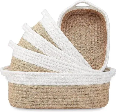 Image de Paniers de rangement en coton tissé - pour bébés - jaune et blanc