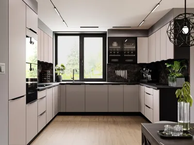 Produktbild von Küchenzeile 340x325x210 cm Einbauküche mit Arbeitsplatte Küche, ARONA K71-M340 Kaschmir/Schwarz Matt