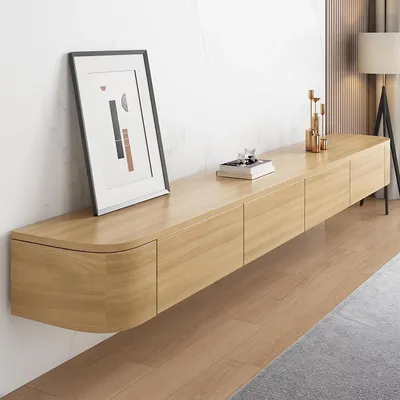Image de Meuble TV suspendu, en bois, style rustique, couleur marron, 300 cm de large, avec tiroirs et étagères ouvertes