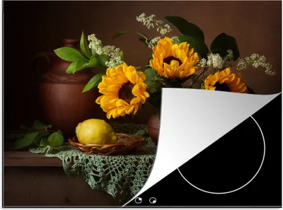 Produktbild von KitchenYeah© Herdabdeckplatte Kunst - Stillleben - Sonnenblumen - Zitrone - Malerei , 71x52cm, Küche Deko, Glaskeramikkochfeld Herdabdeckung, Abdeckplatte fùr Kochfeld