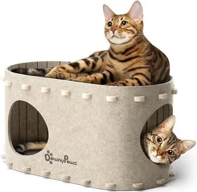 Produktbild von Katzenhöhle Filz, Katzenhaus aus Filz, Katzenbett, Katzenhöhle für Katzen, 58 x 33 x 30cm, Peek-a-Boo zum Spielen, Winterfest, Schutz der Katzennägel, Beige