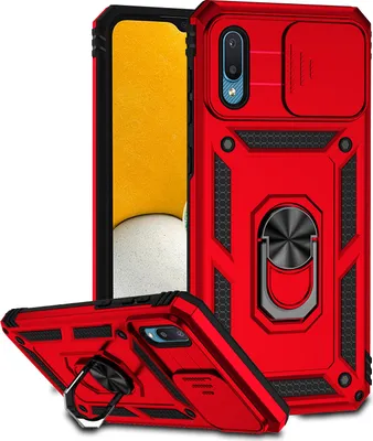 Image de Étui pour Samsung Galaxy A02 étui double couche avec couvercle coulissant pour l'appareil photo et anneau de support rouge