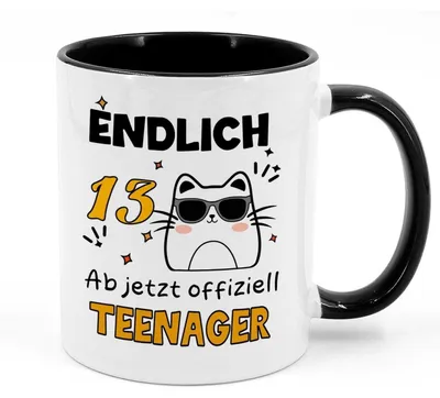 Productafbeelding van Koffiekop, 13e verjaardag, tekst "Eindelijk 13", keramiek, zwart, 350 ml