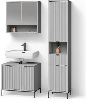 A set of bathroom furniture, including a wall-mounted cabinet, a sink with a cabinet underneath, and a tall storage cabinet.