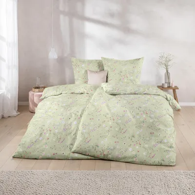 Produktbild von Estella Mako Satin Bettwäsche Dilara 7529-550 Blumen Grün Rosa 135x200