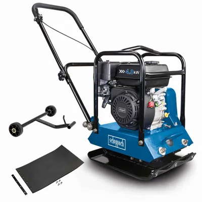 Produktbild von Scheppach Rüttelplatte HP1200S | 5,6 PS Benzinmotor | 15 kN Verdichtungsdruck | 450 x 350 mm Plattengröße | inkl. Fahrvorrichtung und Gummimatte