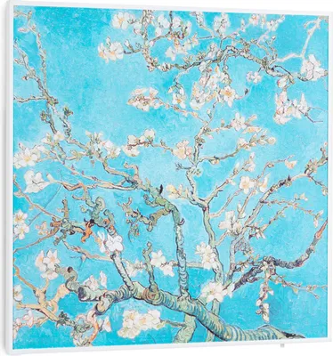 A painting of blooming almond branches against a bright blue sky.