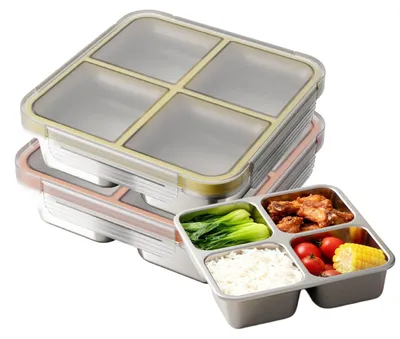 Productafbeelding van Set van 2 lunchboxen voor volwassenen met compartimenten, 720 ml roestvrijstalen lunchbox, bento-box met vier vakken, lekvrije metalen lunchbox, lunchbox voor volwassenen en kinderen
