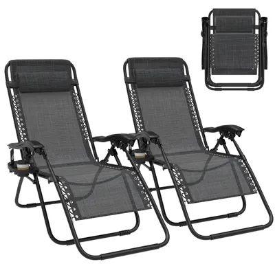 Produktbild von Arvioo Liegestuhl 2er Set, sonnenliege klappbar mit Stufenlos verstellbare & Getränkhalter, Relaxliege aus atmungsaktiv Textilenebezug, Schwarz